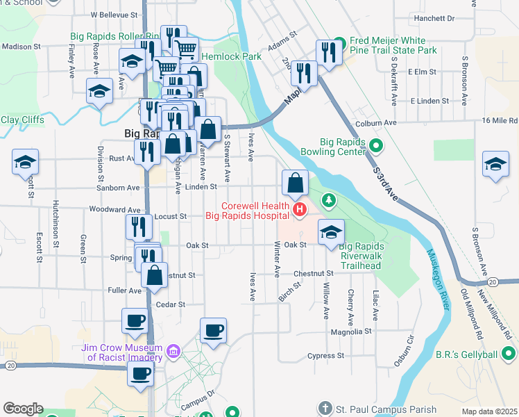 map of restaurants, bars, coffee shops, grocery stores, and more near 329 Ives Avenue in Big Rapids