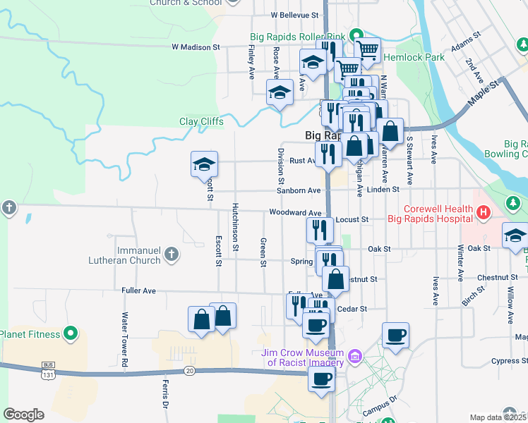 map of restaurants, bars, coffee shops, grocery stores, and more near 400 Woodward Avenue in Big Rapids