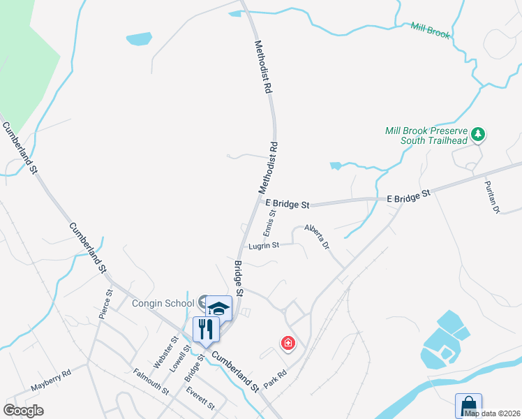 map of restaurants, bars, coffee shops, grocery stores, and more near 1 East Bridge Street in Westbrook