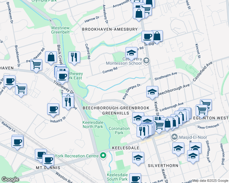 map of restaurants, bars, coffee shops, grocery stores, and more near Paulson Road in Toronto