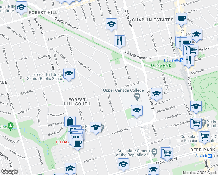 map of restaurants, bars, coffee shops, grocery stores, and more near in Toronto