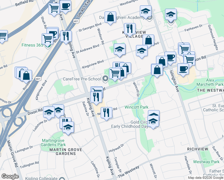 map of restaurants, bars, coffee shops, grocery stores, and more near 327 Dixon Road in Toronto