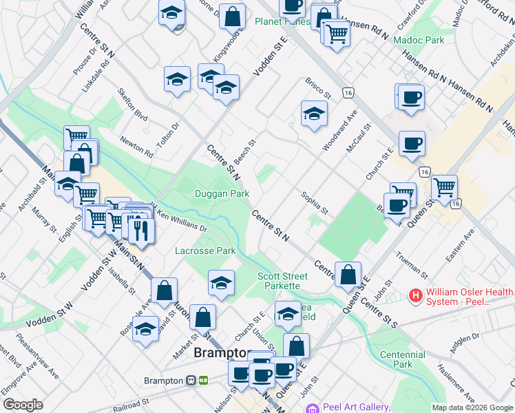 map of restaurants, bars, coffee shops, grocery stores, and more near in Brampton