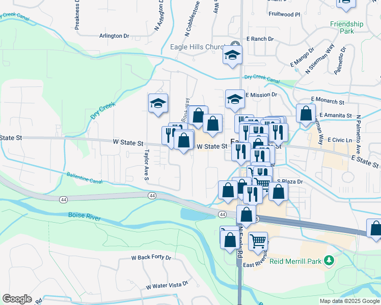 map of restaurants, bars, coffee shops, grocery stores, and more near 349 West State Street in Eagle
