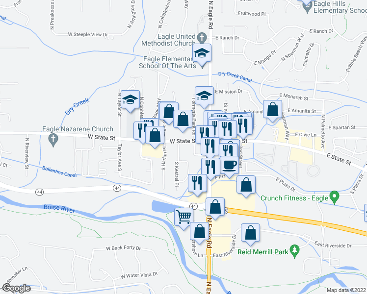 map of restaurants, bars, coffee shops, grocery stores, and more near 197 W State St in Eagle