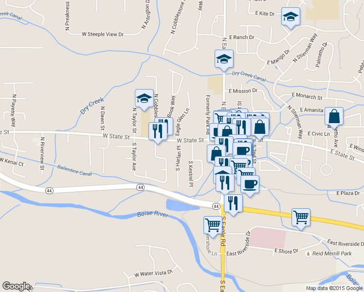 map of restaurants, bars, coffee shops, grocery stores, and more near 339 West State Street in Eagle