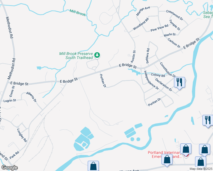 map of restaurants, bars, coffee shops, grocery stores, and more near 141 Puritan Drive in Westbrook