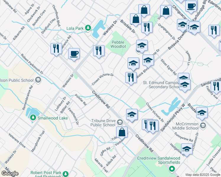 map of restaurants, bars, coffee shops, grocery stores, and more near 114 Hollingsworth Circle in Brampton