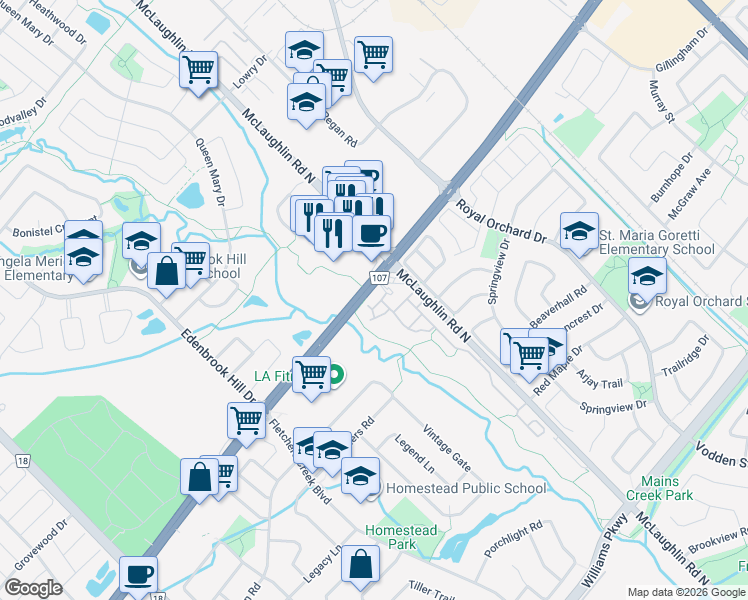 map of restaurants, bars, coffee shops, grocery stores, and more near 9900 McLaughlin Road North in Brampton