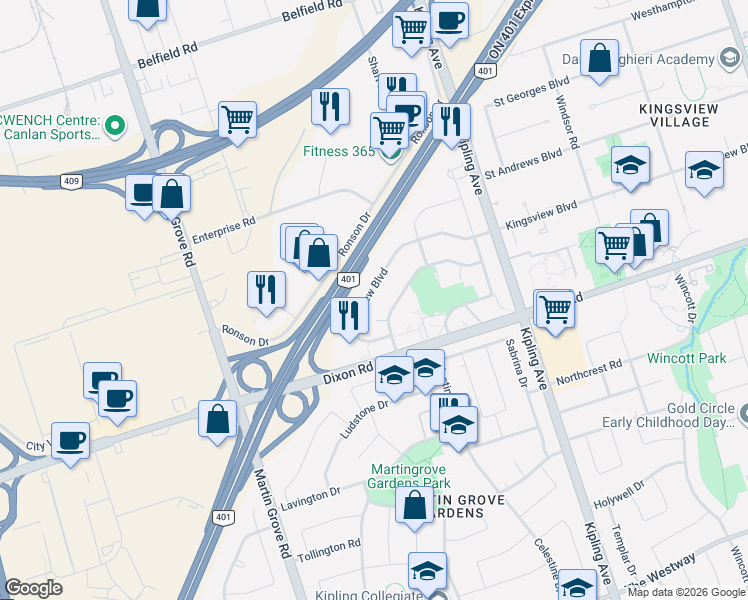map of restaurants, bars, coffee shops, grocery stores, and more near 167 Kingsview Boulevard in Toronto