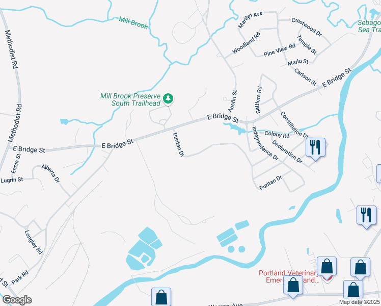 map of restaurants, bars, coffee shops, grocery stores, and more near 141 Puritan Drive in Westbrook