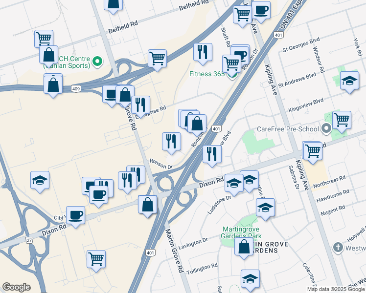 map of restaurants, bars, coffee shops, grocery stores, and more near 110 Ronson Drive in Toronto