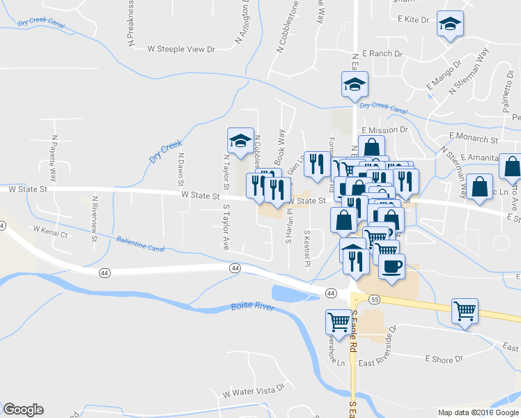map of restaurants, bars, coffee shops, grocery stores, and more near 395 West State Street in Eagle