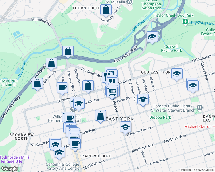 map of restaurants, bars, coffee shops, grocery stores, and more near 302 O'Connor Drive in Toronto