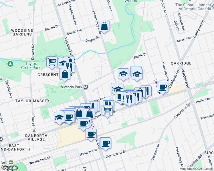 map of restaurants, bars, coffee shops, grocery stores, and more near in Toronto