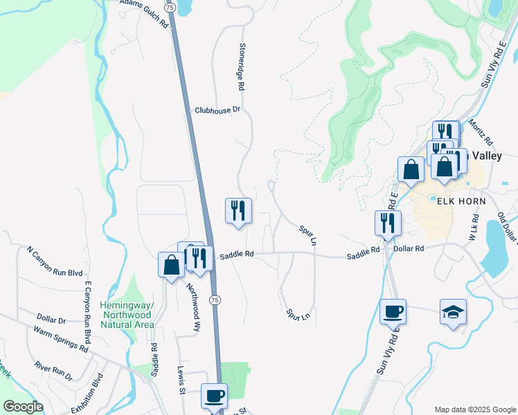 map of restaurants, bars, coffee shops, grocery stores, and more near 171 Valleywood Drive in Ketchum
