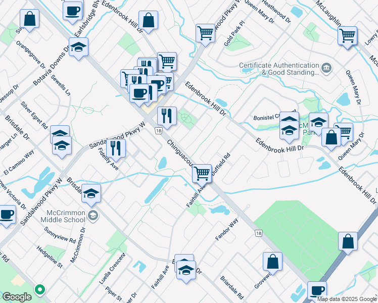 map of restaurants, bars, coffee shops, grocery stores, and more near 55 Redfinch Way in Brampton