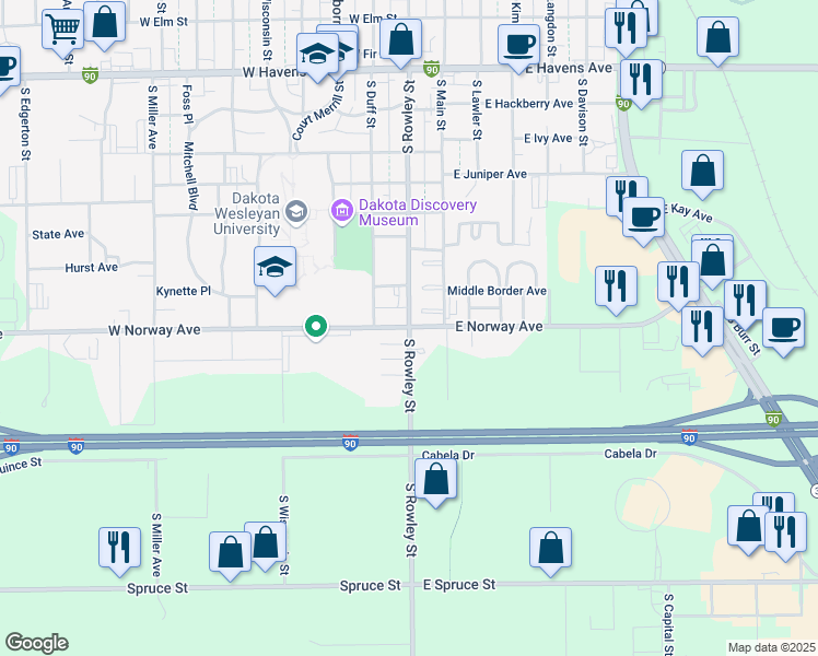 map of restaurants, bars, coffee shops, grocery stores, and more near 1600 South Rowley Street in Mitchell