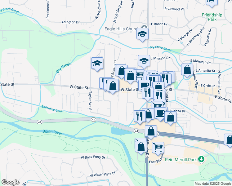 map of restaurants, bars, coffee shops, grocery stores, and more near 349 West State Street in Eagle