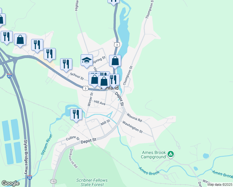 map of restaurants, bars, coffee shops, grocery stores, and more near 13 Main Street in Ashland
