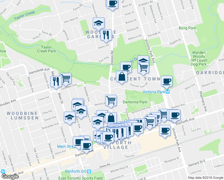 map of restaurants, bars, coffee shops, grocery stores, and more near 99 Goodwood Park Court in Toronto