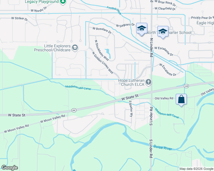 map of restaurants, bars, coffee shops, grocery stores, and more near 395 North Morley Green Way in Eagle