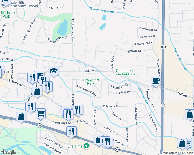 map of restaurants, bars, coffee shops, grocery stores, and more near 1974 East Birchwood Drive in Eagle
