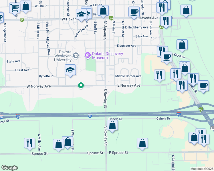 map of restaurants, bars, coffee shops, grocery stores, and more near 1600 South Rowley Street in Mitchell