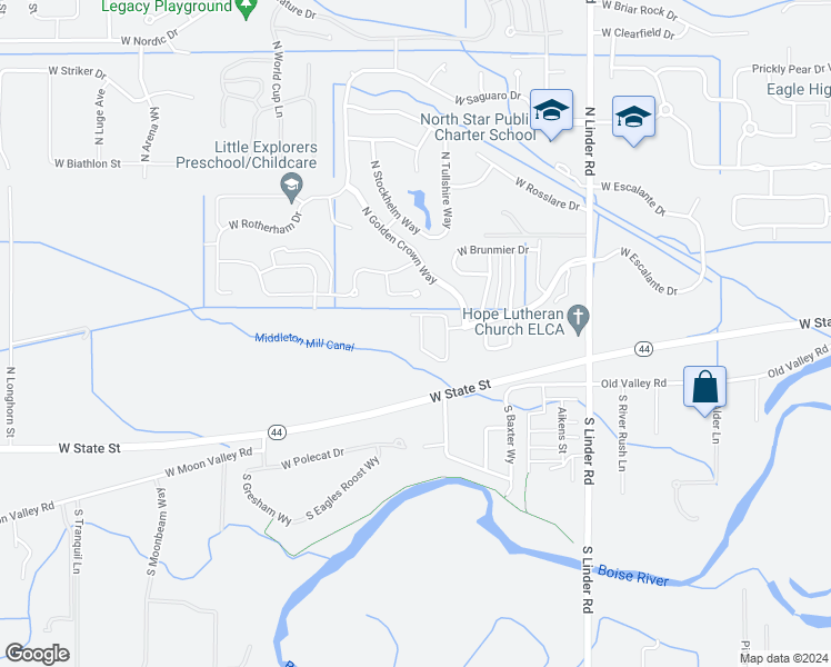 map of restaurants, bars, coffee shops, grocery stores, and more near 363 North Morley Green Way in Eagle