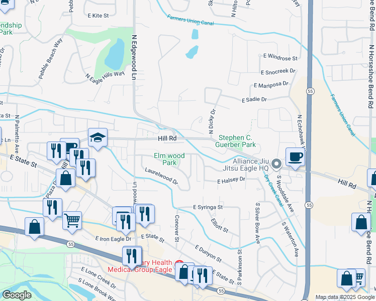 map of restaurants, bars, coffee shops, grocery stores, and more near 1974 East Birchwood Drive in Eagle