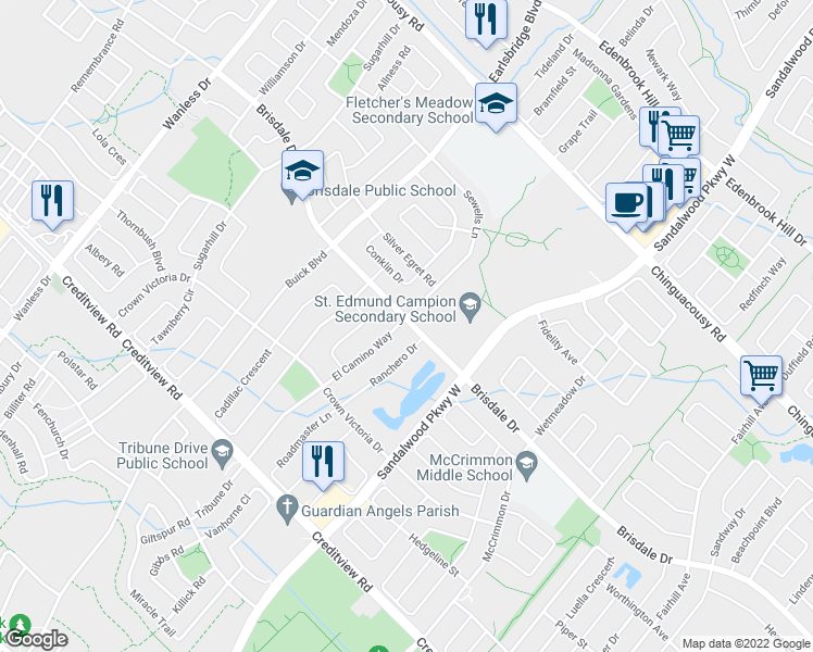 map of restaurants, bars, coffee shops, grocery stores, and more near 1 El Camino Way in Brampton