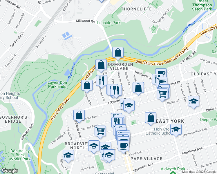 map of restaurants, bars, coffee shops, grocery stores, and more near 1311 Pape Avenue in Toronto
