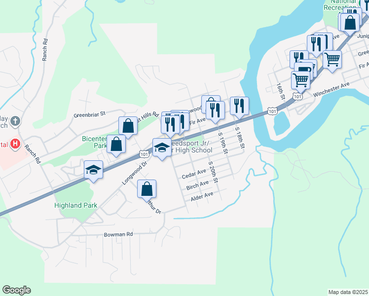 map of restaurants, bars, coffee shops, grocery stores, and more near 2150 Winchester Avenue in Reedsport
