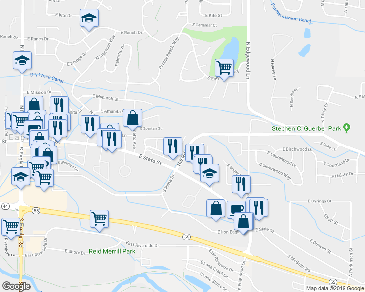 map of restaurants, bars, coffee shops, grocery stores, and more near 38 North Arrow Creek Lane in Eagle