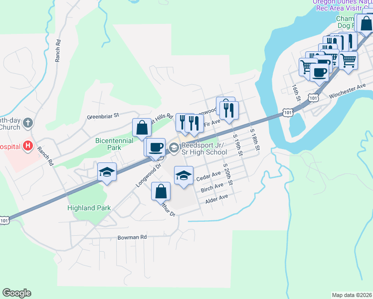 map of restaurants, bars, coffee shops, grocery stores, and more near 2178 Winchester Avenue in Reedsport