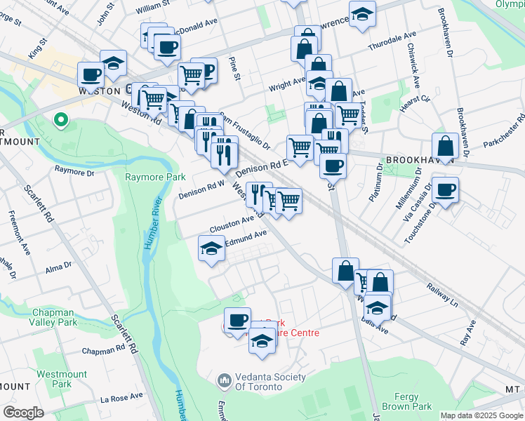 map of restaurants, bars, coffee shops, grocery stores, and more near 1561 Weston Road in Toronto