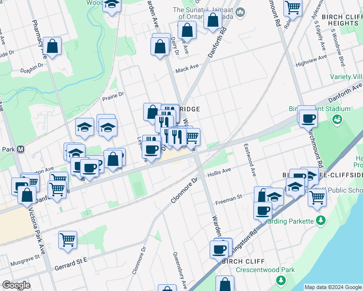 map of restaurants, bars, coffee shops, grocery stores, and more near in Toronto