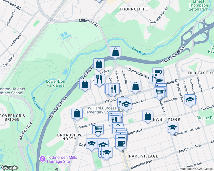 map of restaurants, bars, coffee shops, grocery stores, and more near in Toronto