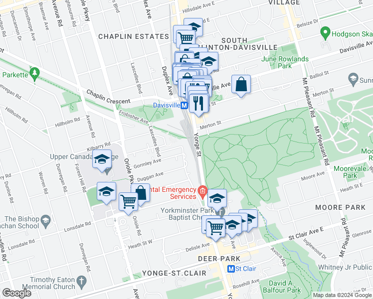 map of restaurants, bars, coffee shops, grocery stores, and more near 135 Lawton Boulevard in Toronto