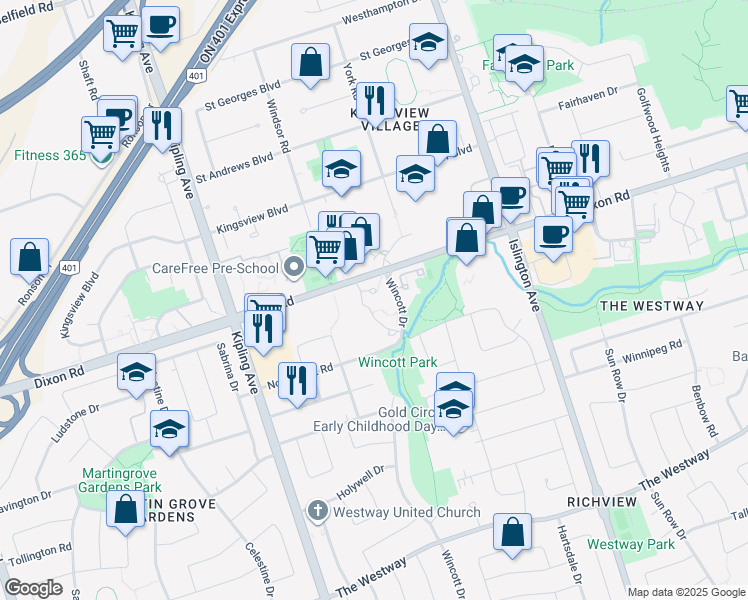 map of restaurants, bars, coffee shops, grocery stores, and more near in Toronto