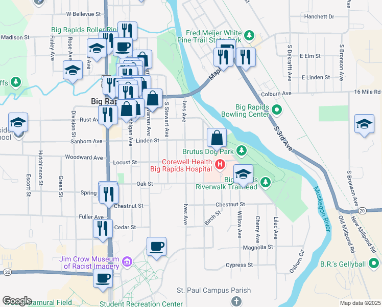 map of restaurants, bars, coffee shops, grocery stores, and more near 329 Ives Avenue in Big Rapids