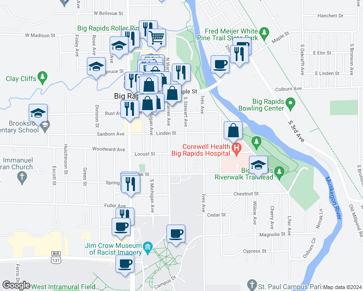 map of restaurants, bars, coffee shops, grocery stores, and more near 322 South Stewart Avenue in Big Rapids