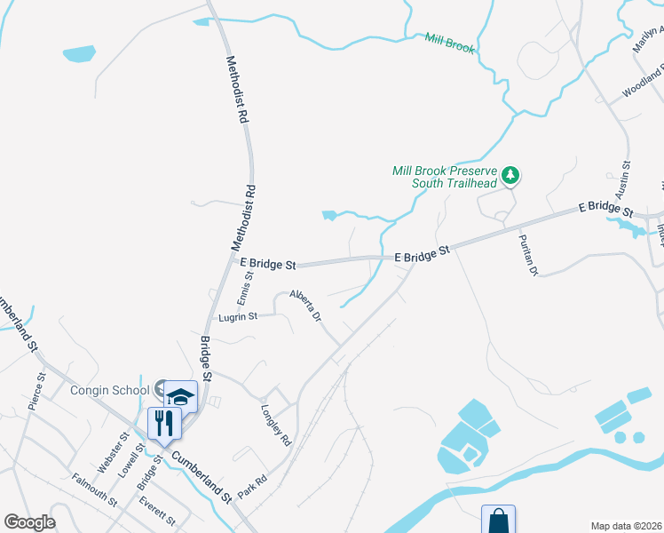 map of restaurants, bars, coffee shops, grocery stores, and more near 97 East Bridge Street in Westbrook