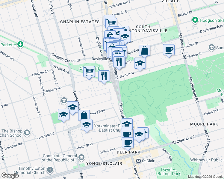 map of restaurants, bars, coffee shops, grocery stores, and more near 135 Lawton Boulevard in Toronto