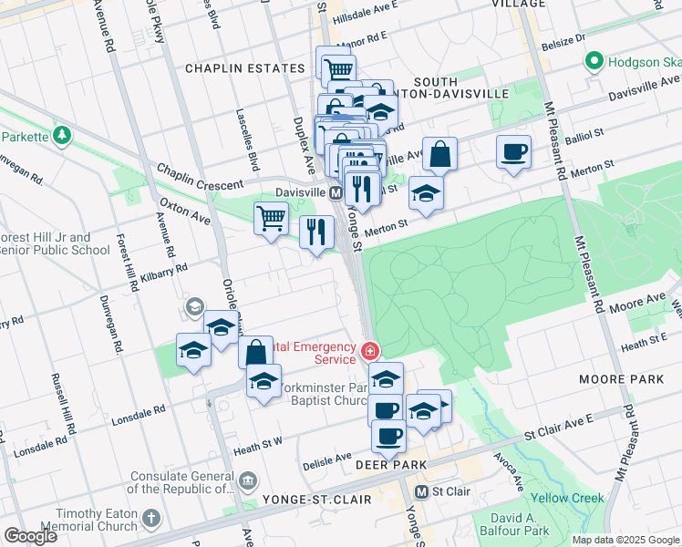 map of restaurants, bars, coffee shops, grocery stores, and more near 135 Lawton Boulevard in Toronto