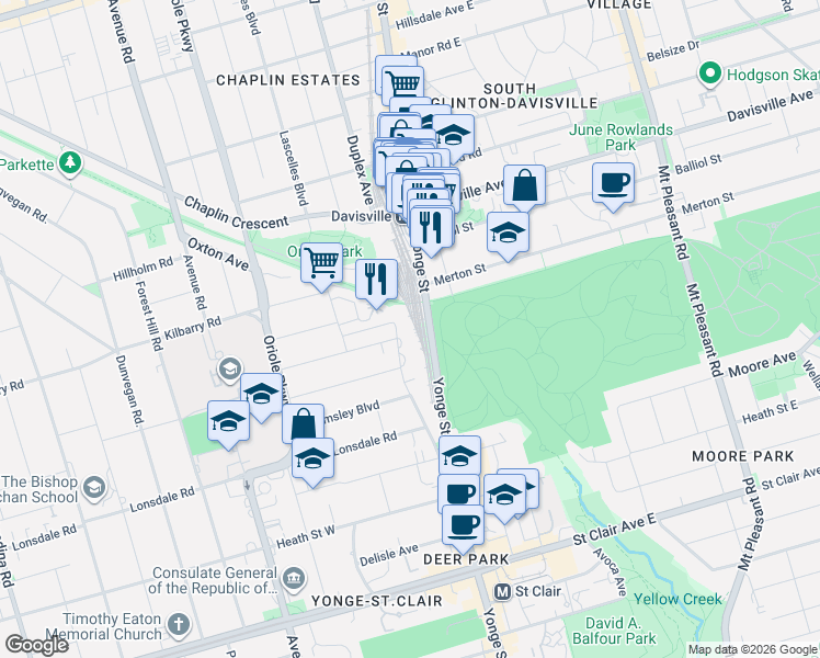 map of restaurants, bars, coffee shops, grocery stores, and more near 135 Lawton Boulevard in Toronto