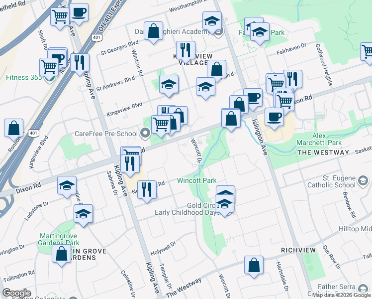 map of restaurants, bars, coffee shops, grocery stores, and more near 301 Dixon Road in Toronto
