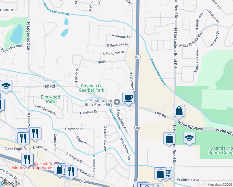 map of restaurants, bars, coffee shops, grocery stores, and more near 35 North Wooddale Avenue in Eagle