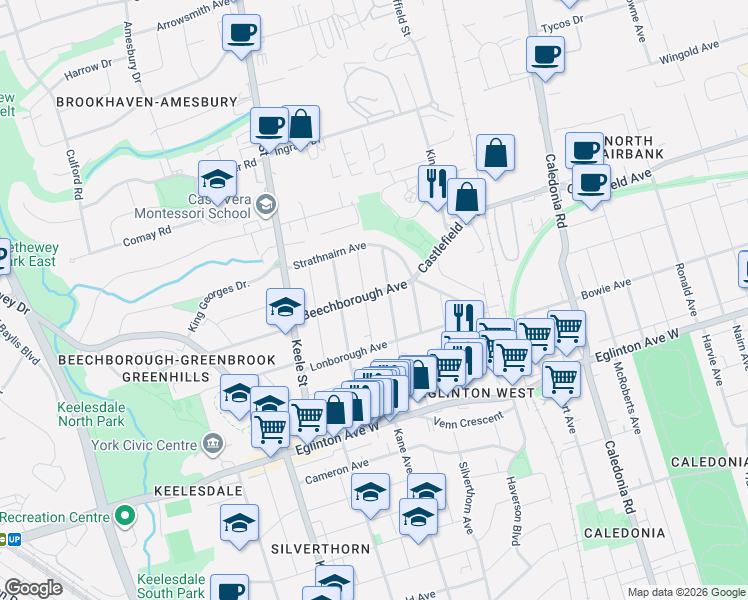 map of restaurants, bars, coffee shops, grocery stores, and more near 45 Beechborough Avenue in Toronto
