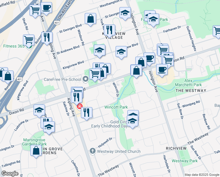 map of restaurants, bars, coffee shops, grocery stores, and more near 301 Dixon Road in Toronto